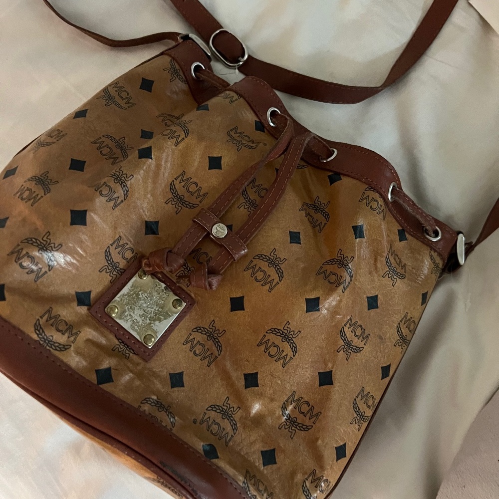 MCM Visetos Cognac Drawstring Bucket CrossBody Bag